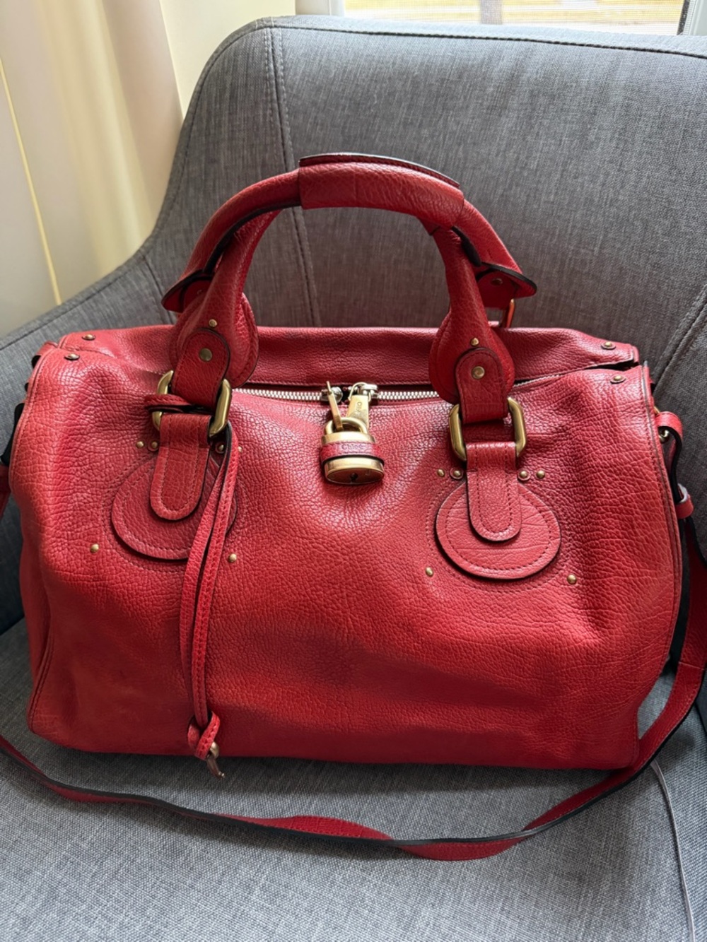Chloe Red Leather Satchel with Gold Hardware